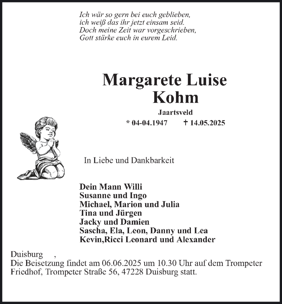  Traueranzeige für Margarete Luise Kohm vom 21.05.2025 aus FUNKE Mediengruppe