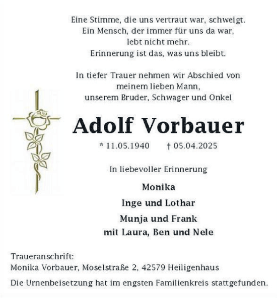 Traueranzeige von Adolf Vorbauer von Tageszeitung