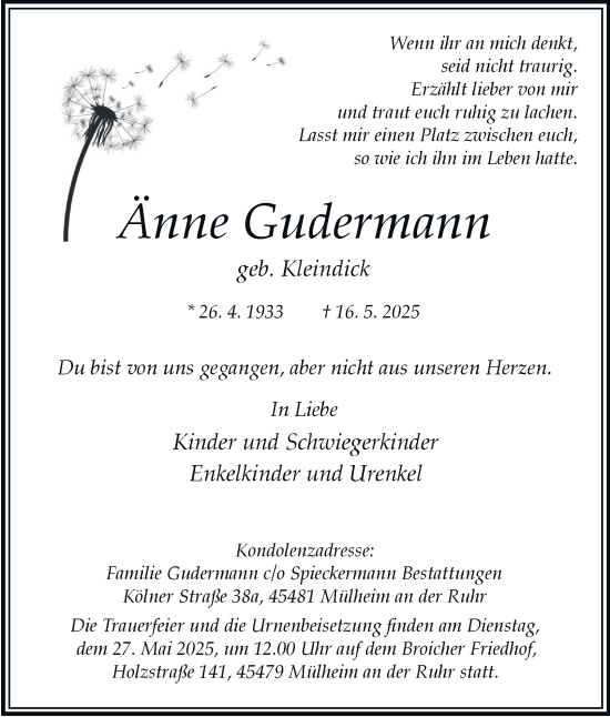Traueranzeige von Änne Gudermann von Tageszeitung