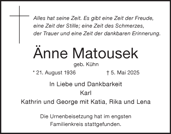 Traueranzeige von Änne Matousek von Tageszeitung
