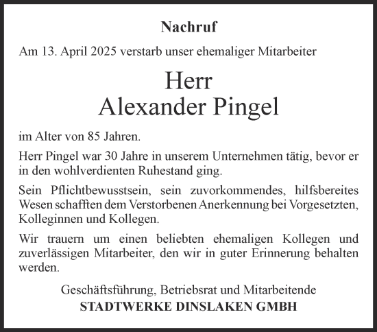 Traueranzeige von Alexander Pingel von Tageszeitung