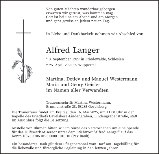 Traueranzeige von Alfred Langer von Tageszeitung