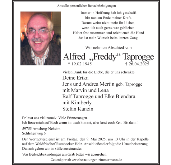 Traueranzeige von Alfred Taprogge von Tageszeitung