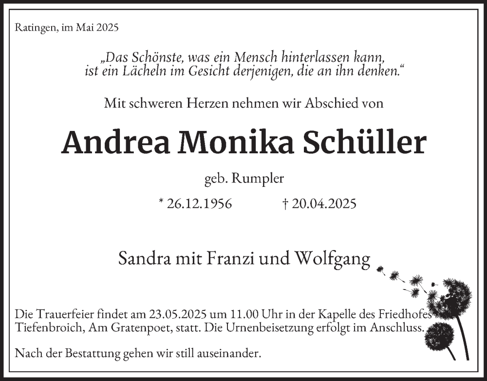  Traueranzeige für Andrea Monika Schüller vom 17.05.2025 aus Tageszeitung