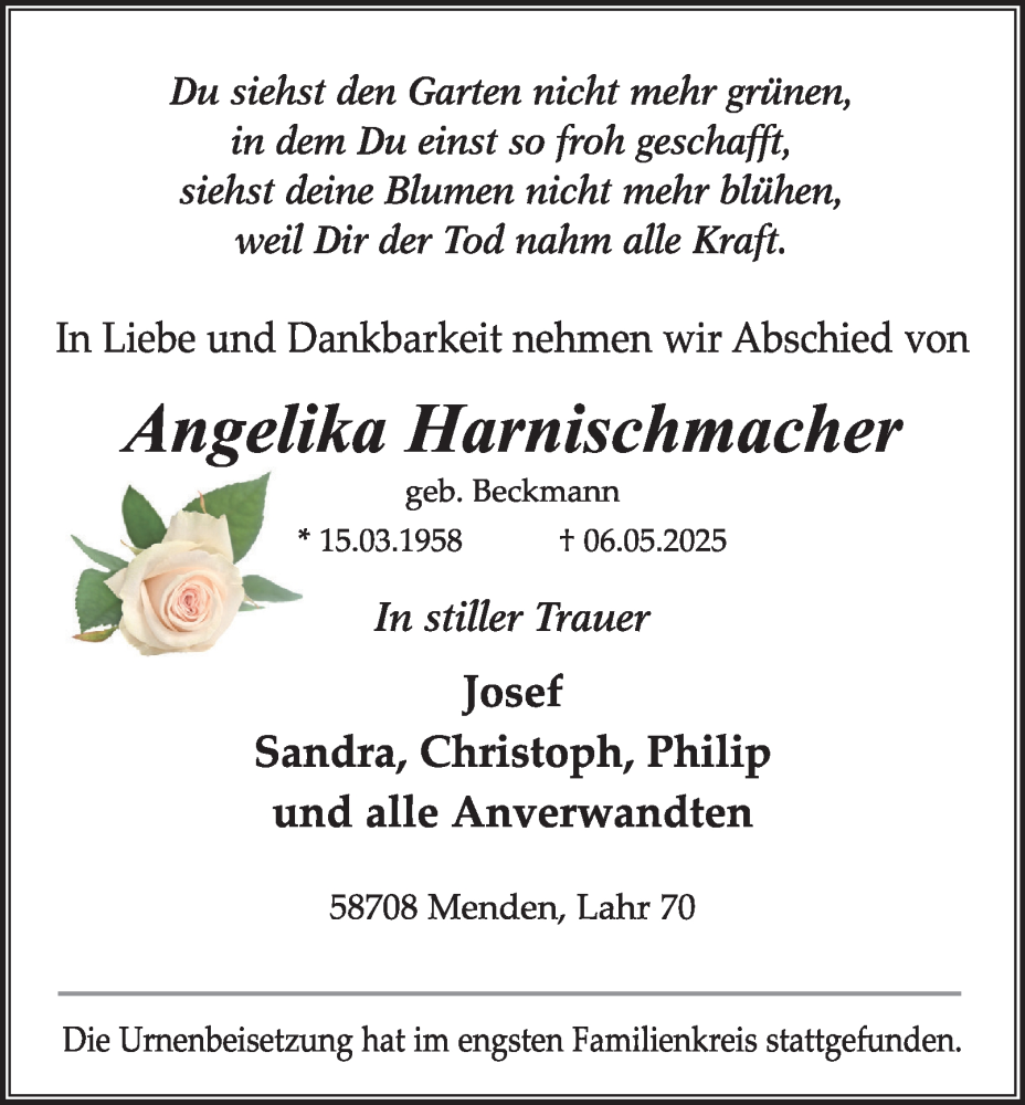  Traueranzeige für Angelika Harnischmacher vom 24.05.2025 aus Tageszeitung