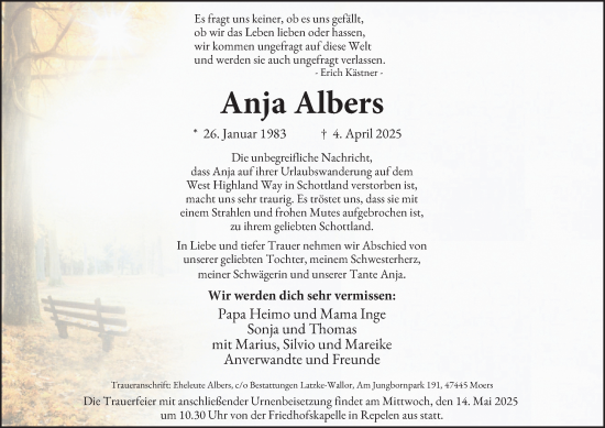 Traueranzeige von Anja Albers von Tageszeitung