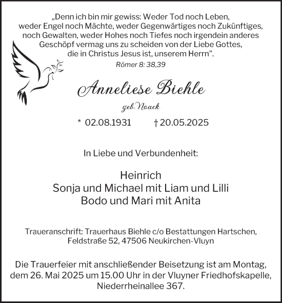 Traueranzeige von Anneliese Biehle von Tageszeitung