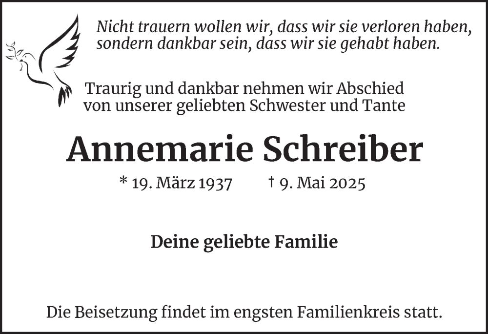  Traueranzeige für Annemarie Schreiber vom 17.05.2025 aus Tageszeitung