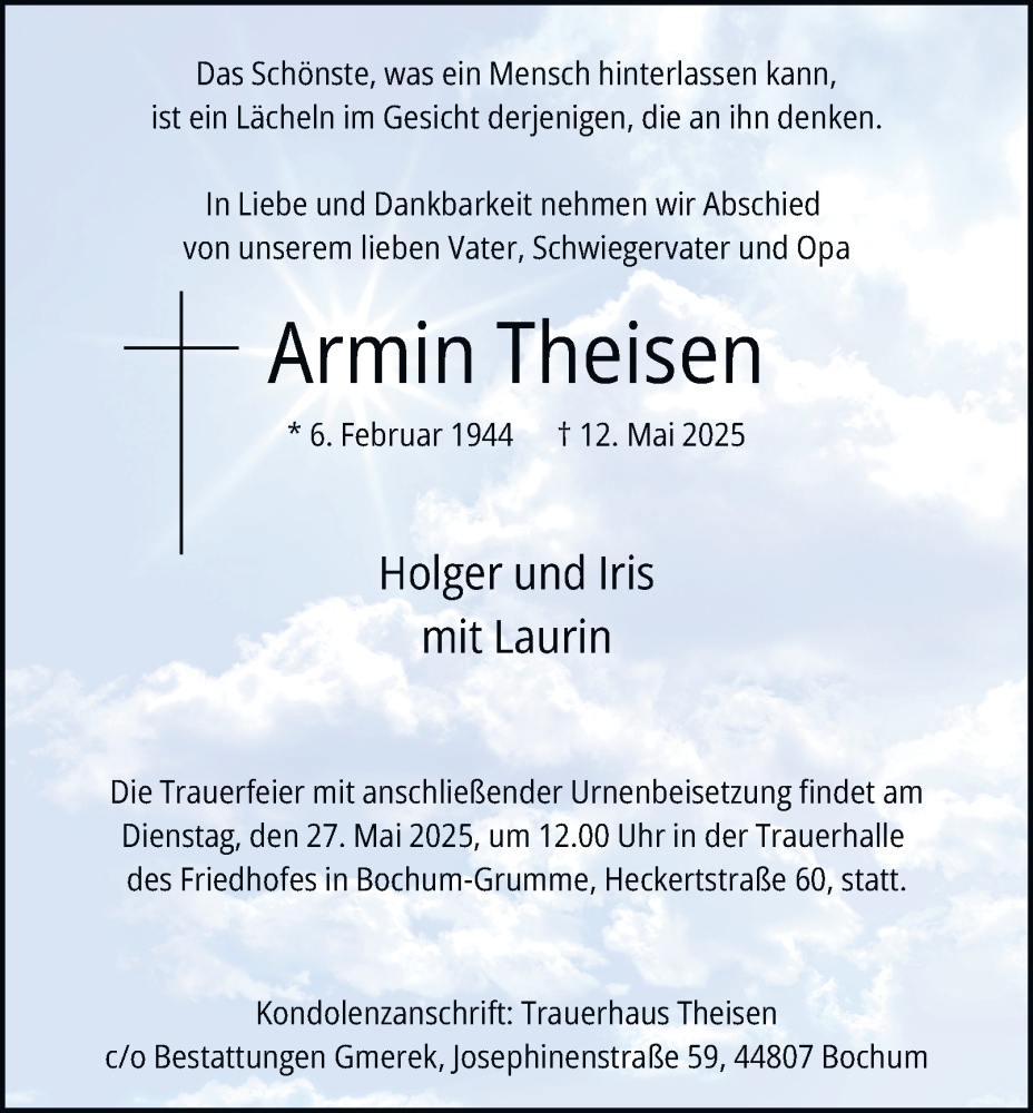  Traueranzeige für Armin Theisen vom 24.05.2025 aus Tageszeitung