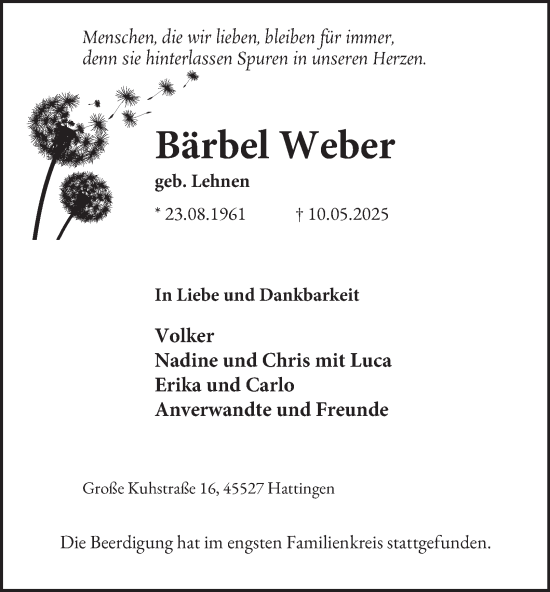 Traueranzeige von Bärbel Weber von Tageszeitung