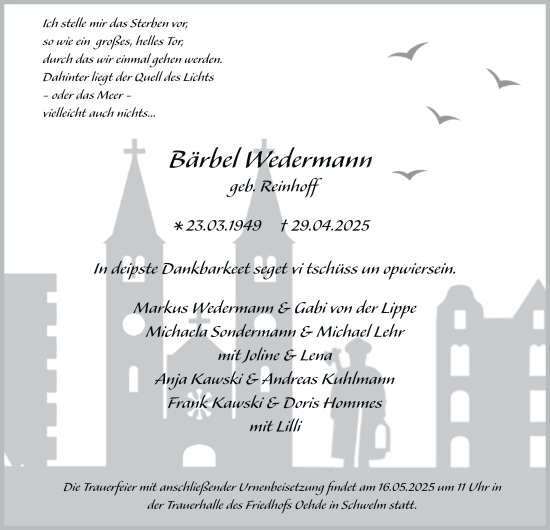 Traueranzeige von Bärbel Wedermann von Tageszeitung
