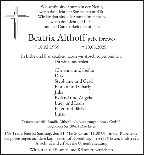 Traueranzeige von Beatrix Althoff von Tageszeitung