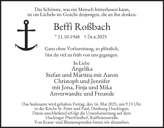 Traueranzeige von Beffi Roßbach von Tageszeitung