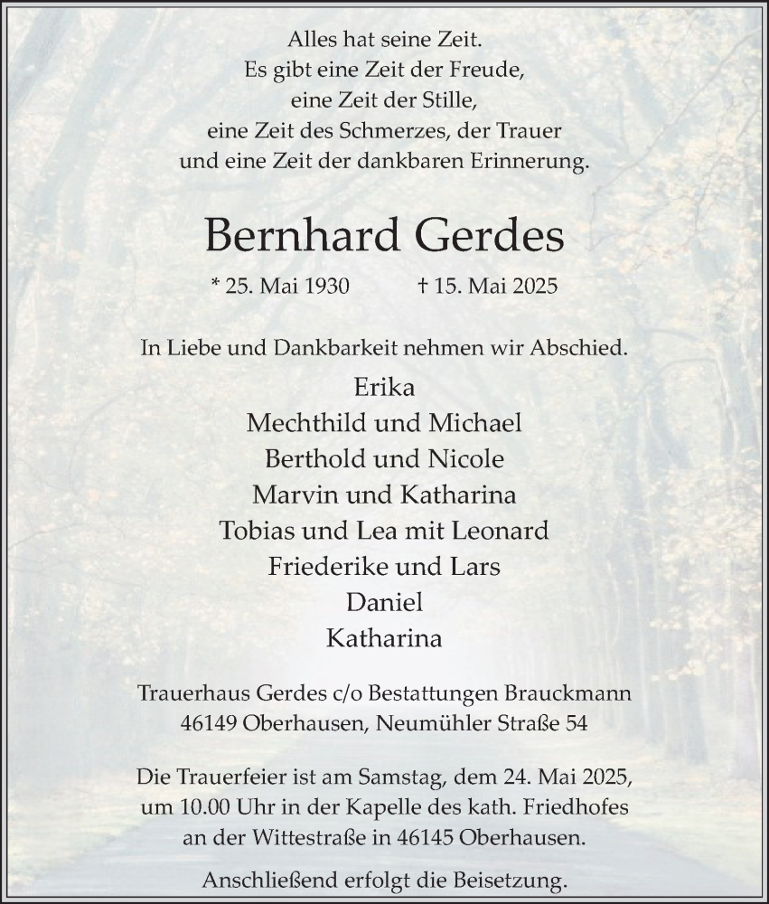  Traueranzeige für Bernhard Gerdes vom 24.05.2025 aus Tageszeitung