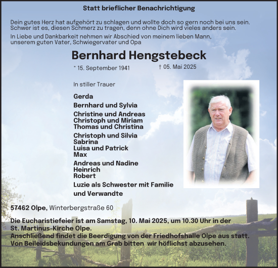 Traueranzeige von Bernhard Hengstebeck von Tageszeitung