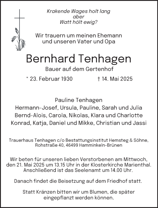Traueranzeige von Bernhard Tenhagen von Tageszeitung