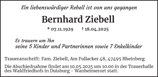 Traueranzeige von Bernhard Ziebell von Tageszeitung