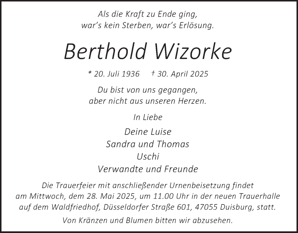  Traueranzeige für Berthold Wizorke vom 17.05.2025 aus Tageszeitung