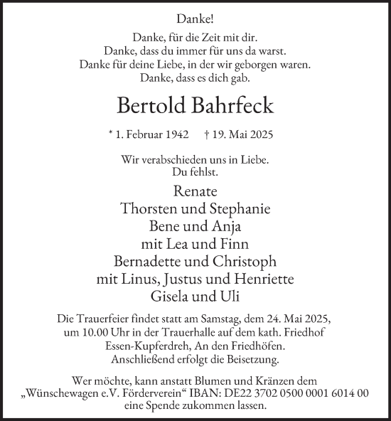 Traueranzeige von Bertold Bahrfeck von Tageszeitung