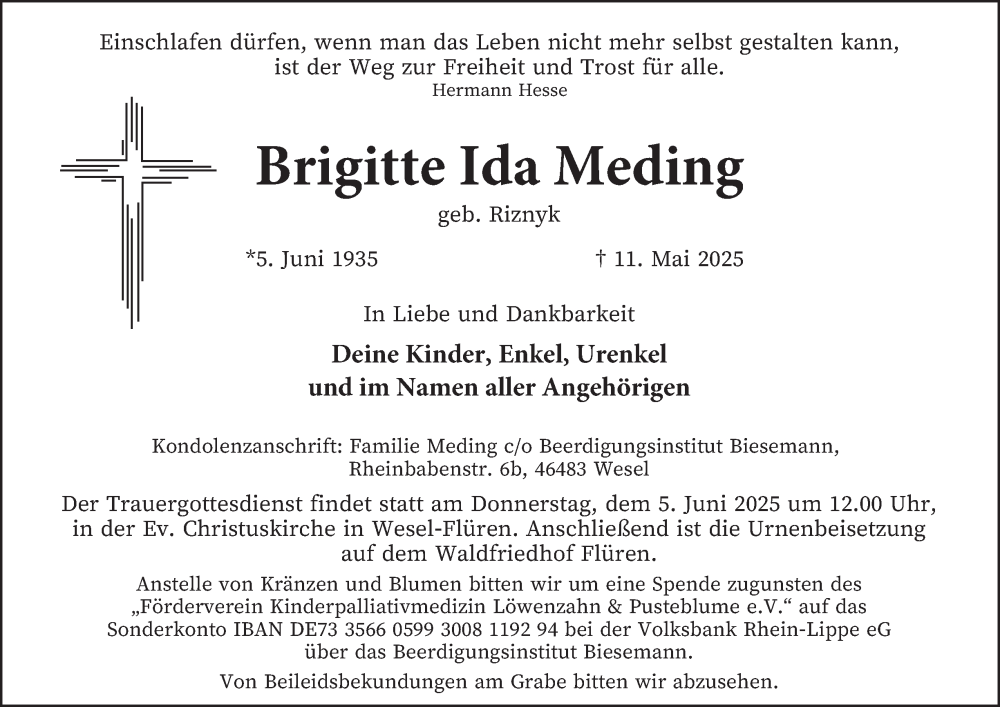  Traueranzeige für Brigitte Ida Meding vom 24.05.2025 aus Tageszeitung