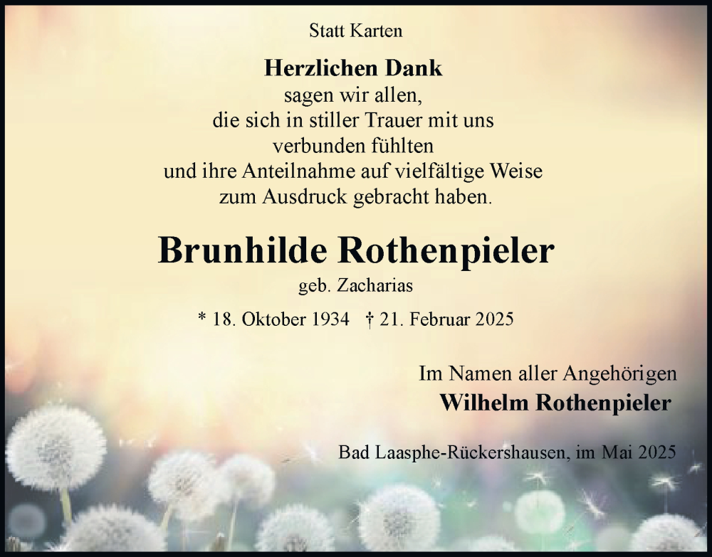  Traueranzeige für Brunhilde Rothenpieler vom 17.05.2025 aus Tageszeitung