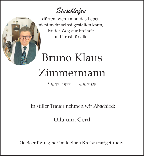 Traueranzeige von Bruno Klaus Zimmermann von Tageszeitung