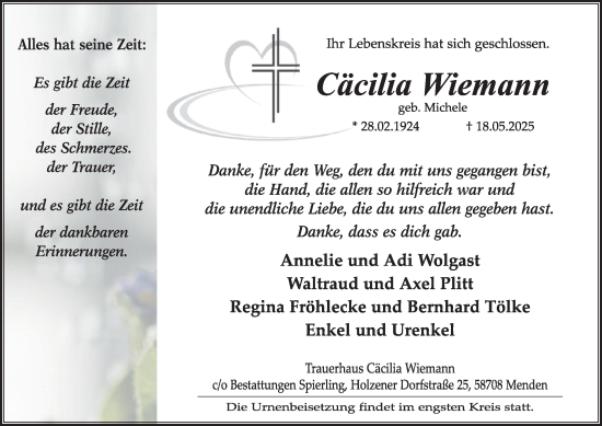 Traueranzeige von Cäcilia Wiemann von Tageszeitung