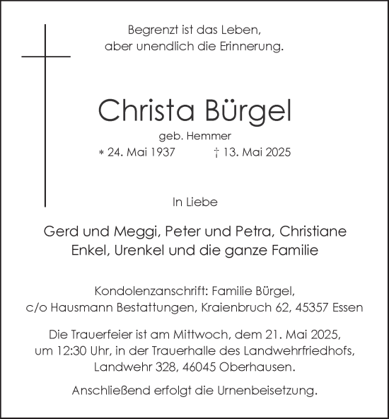 Traueranzeige von Christa Bürgel von Tageszeitung