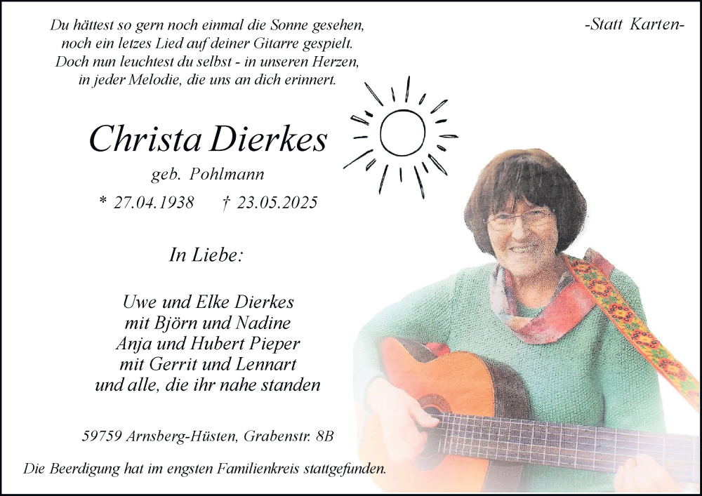  Traueranzeige für Christa Dierkes vom 31.05.2025 aus Tageszeitung