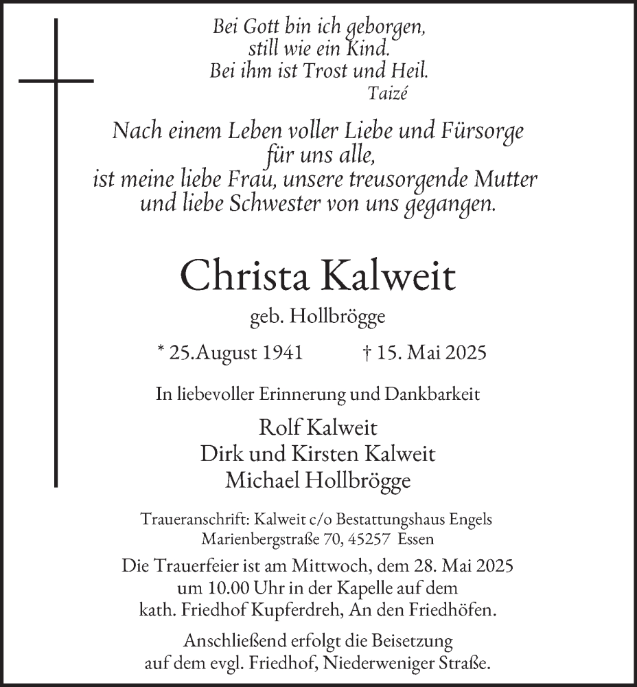  Traueranzeige für Christa Kalweit vom 24.05.2025 aus Tageszeitung