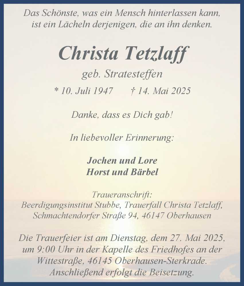  Traueranzeige für Christa Tetzlaff vom 24.05.2025 aus Tageszeitung