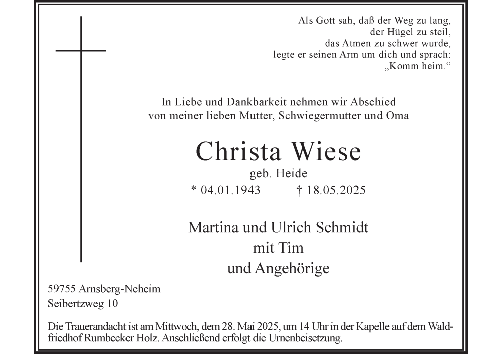  Traueranzeige für Christa Wiese vom 24.05.2025 aus Tageszeitung