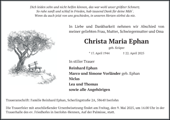 Traueranzeige von Christa Maria Ephan von Tageszeitung
