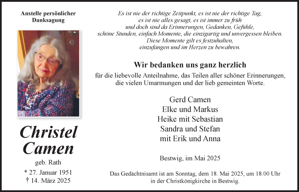  Traueranzeige für Christel Camen vom 10.05.2025 aus Tageszeitung