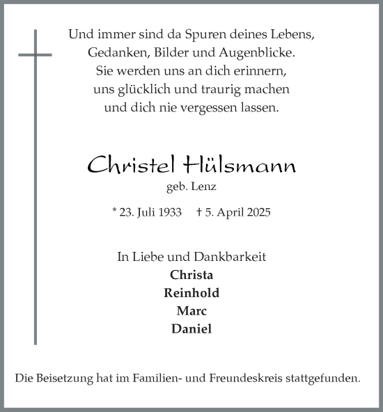 Traueranzeige von Christel Hülsmann von Tageszeitung