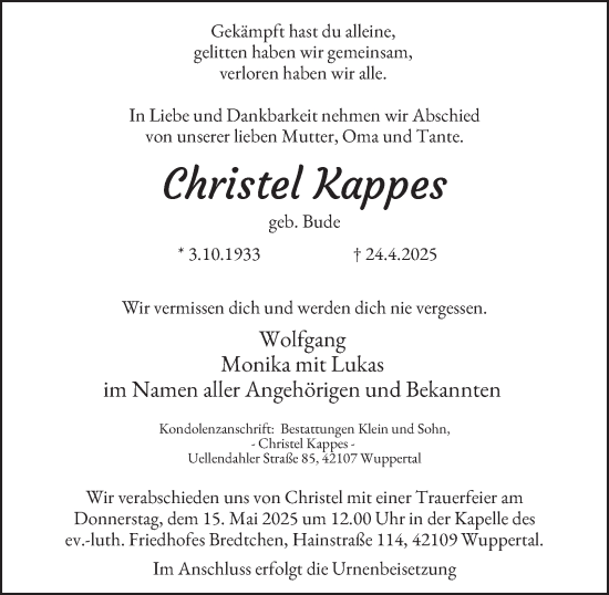 Traueranzeige von Christel Kappes von Tageszeitung