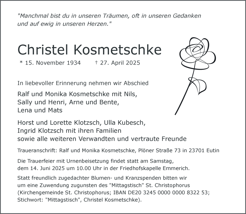  Traueranzeige für Christel Kosmetschke vom 31.05.2025 aus Tageszeitung