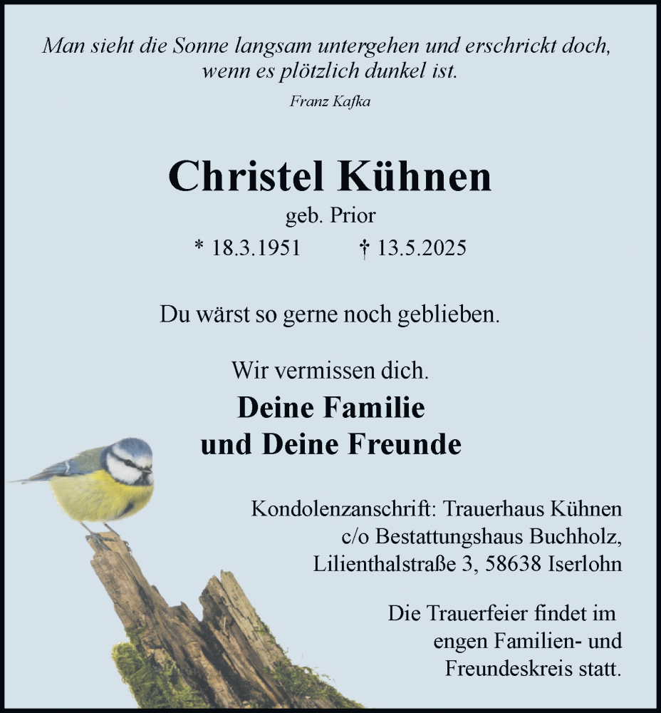  Traueranzeige für Christel Kühnen vom 24.05.2025 aus Tageszeitung