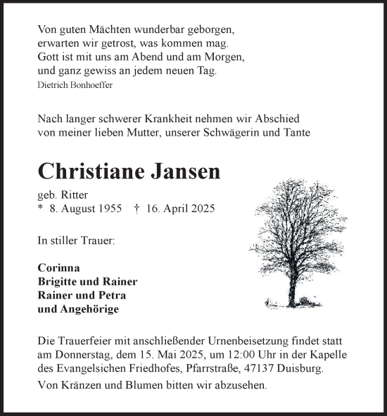 Traueranzeige von Christiane Jansen von Tageszeitung
