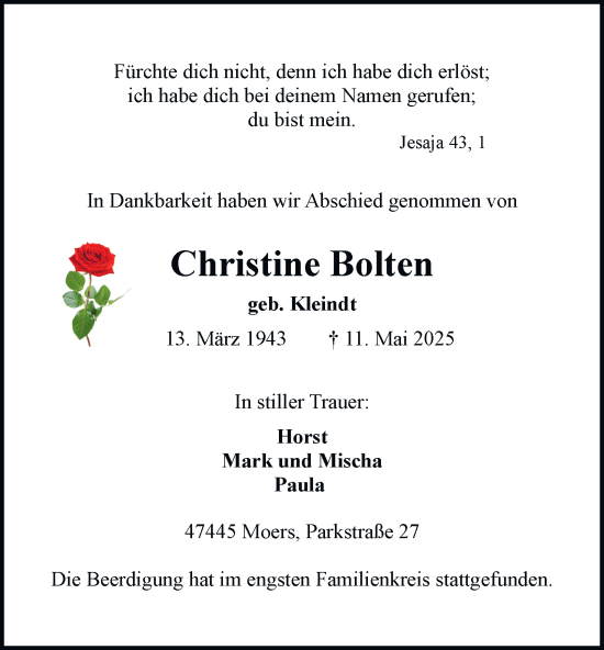 Traueranzeige von Christine Bolten von Tageszeitung