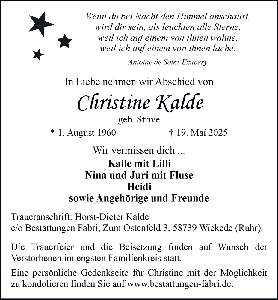  Traueranzeige für Christine Kalde vom 31.05.2025 aus Tageszeitung