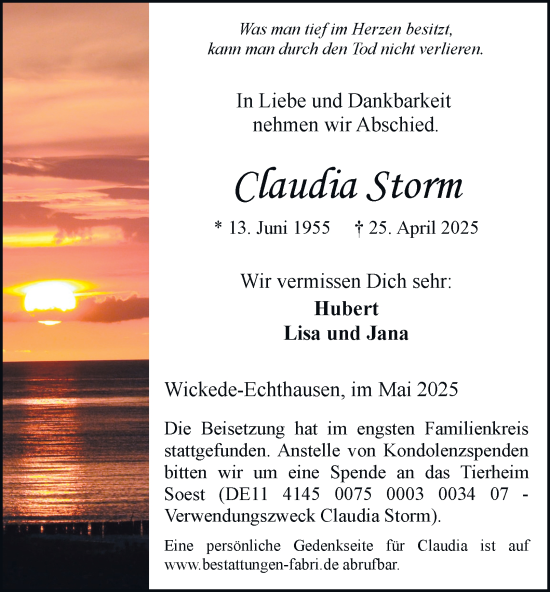 Traueranzeige von Claudia Storm von Tageszeitung