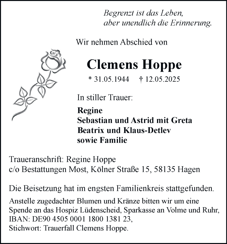  Traueranzeige für Clemens Hoppe vom 24.05.2025 aus Tageszeitung