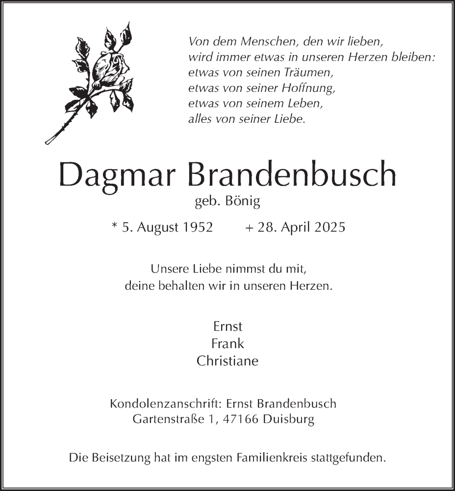  Traueranzeige für Dagmar Brandenbusch vom 24.05.2025 aus Tageszeitung