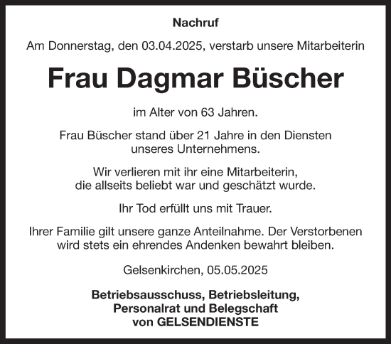 Traueranzeige von Dagmar Büscher von Tageszeitung