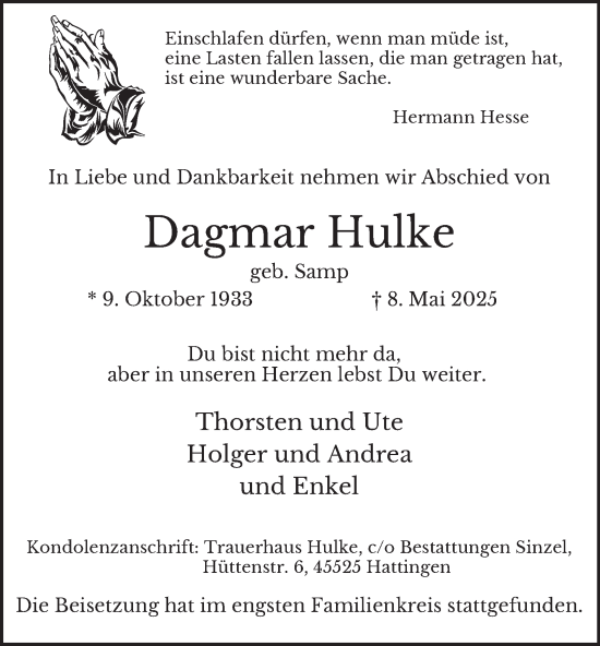 Traueranzeige von Dagmar Hulke von Tageszeitung
