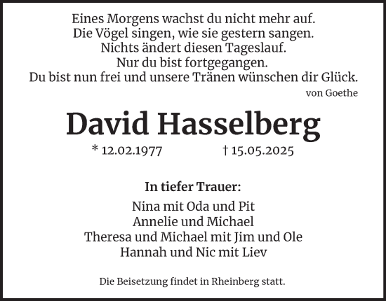 Traueranzeige von David Hasselberg von Tageszeitung