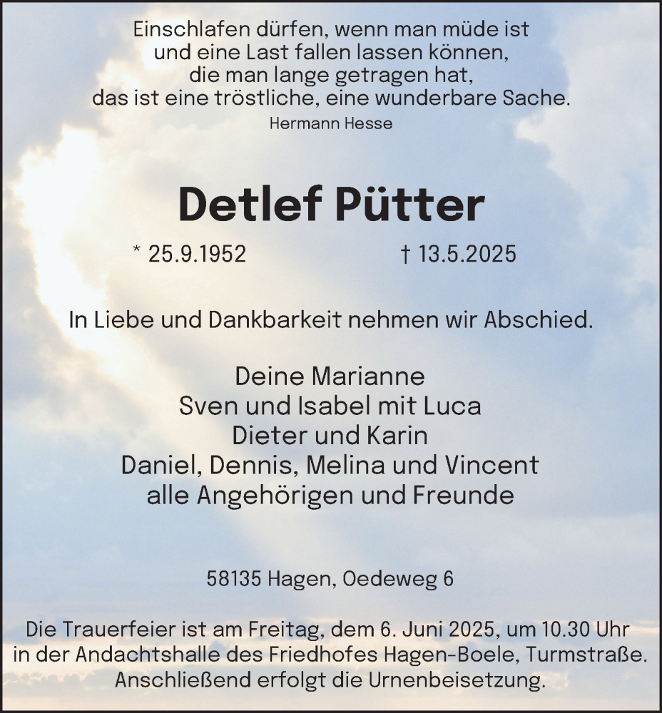  Traueranzeige für Detlef Pütter vom 24.05.2025 aus Tageszeitung