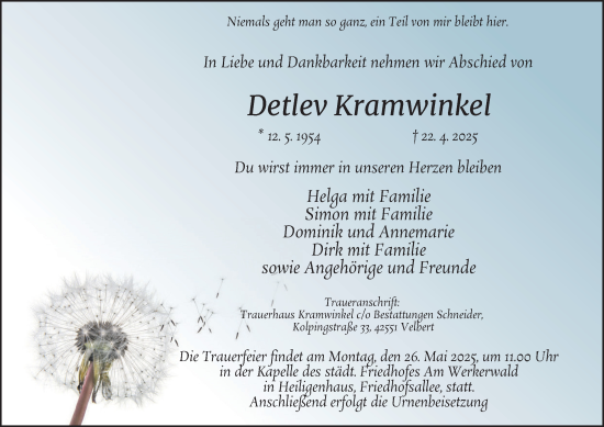 Traueranzeige von Detlev Kramwinkel von Tageszeitung