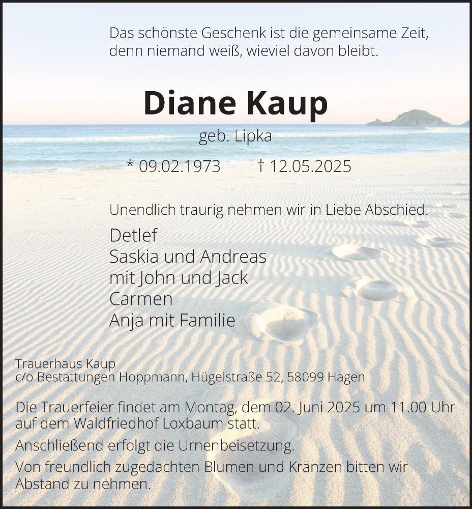  Traueranzeige für Diane Kaup vom 24.05.2025 aus Tageszeitung